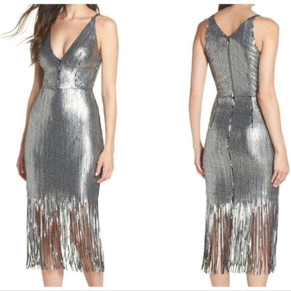 DRESS THE POPULATION Frankie Silver Sequin Fringe Shift Dress szXLG - Picture 1 of 14
